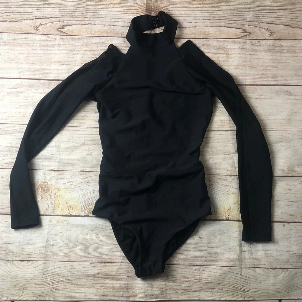 Black Cold-Shoulder‎ Mesh Long Sleeve Dance Leotard with High Neck